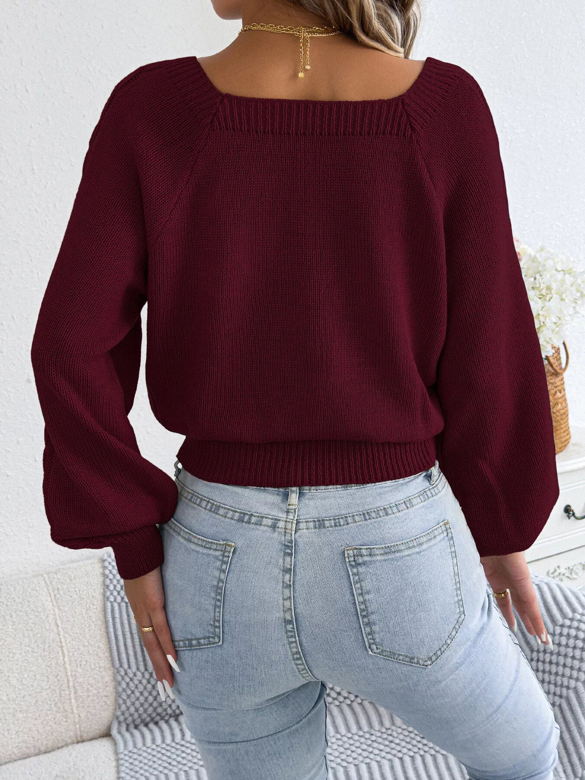 Burgundy square neck cable knit sweater, back view