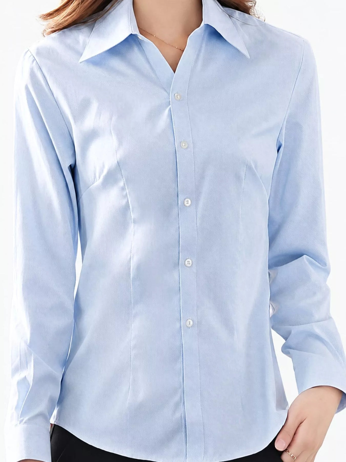Collared long sleeve shirt, front view on model