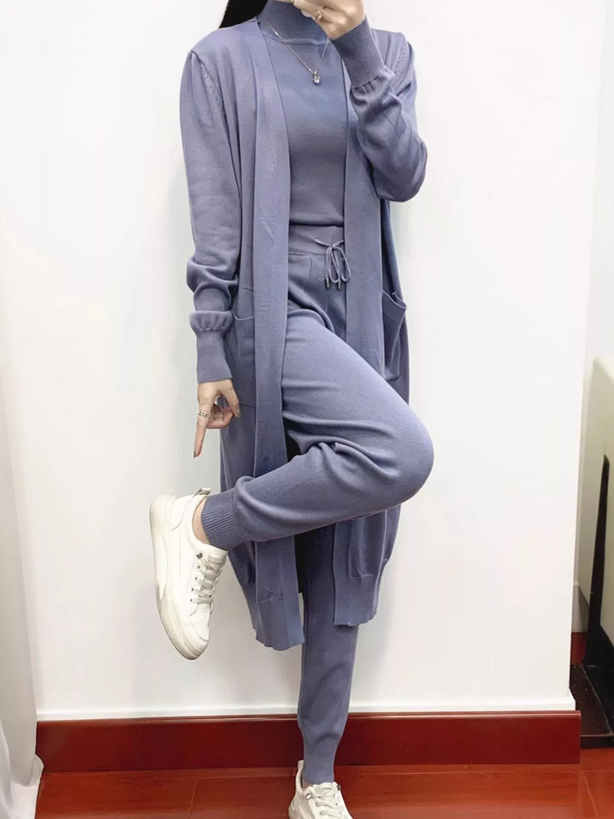 Sleeveless Top and Drawstring Joggers Sweater Set with Long Cardigan — front view