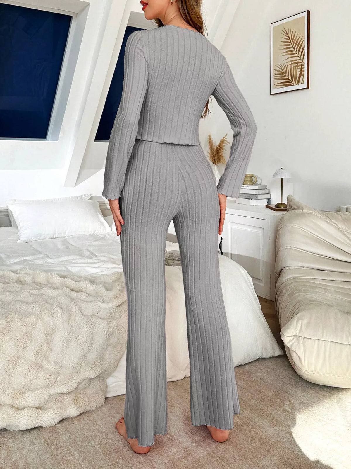 Trendsi Bow Detail Ribbed Knit Top and Pants Lounge Set -