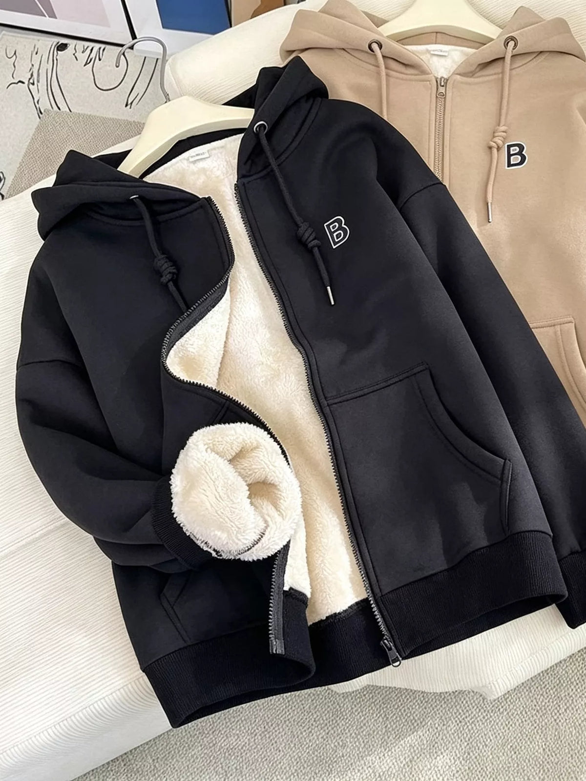 Black Fleece-Lined Zip-Up Hoodie grouped flat-lay view