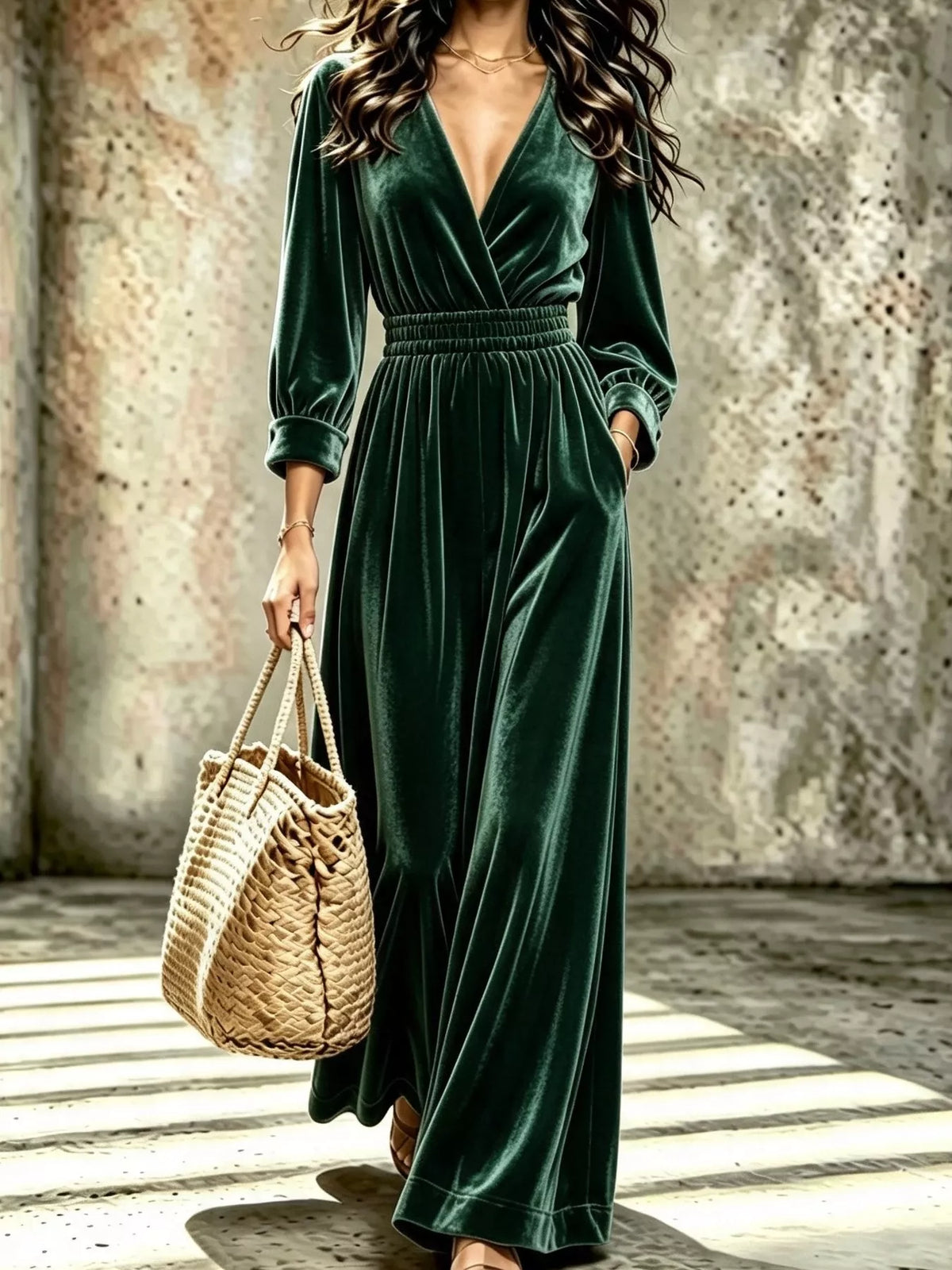 Velvet Surplice Long Sleeve Jumpsuit in green, front view