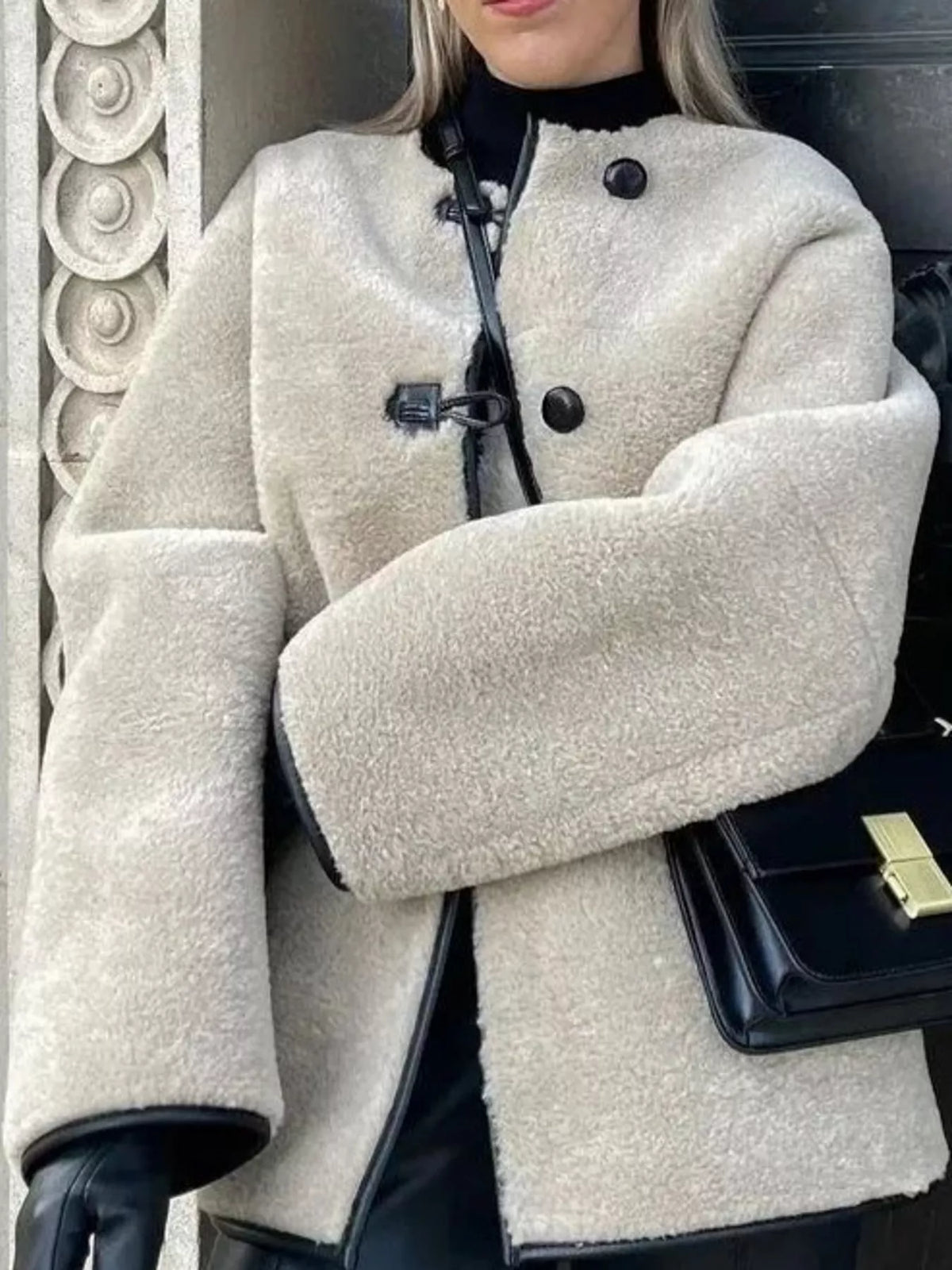 Beige faux shearling toggle coat, front view