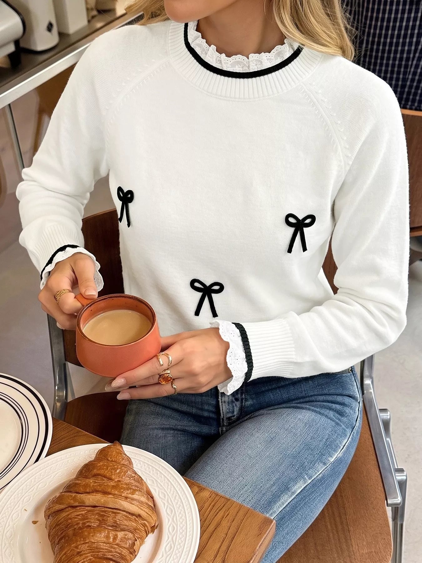Trendsi Bow-Embellished Lace Trim Sweater -