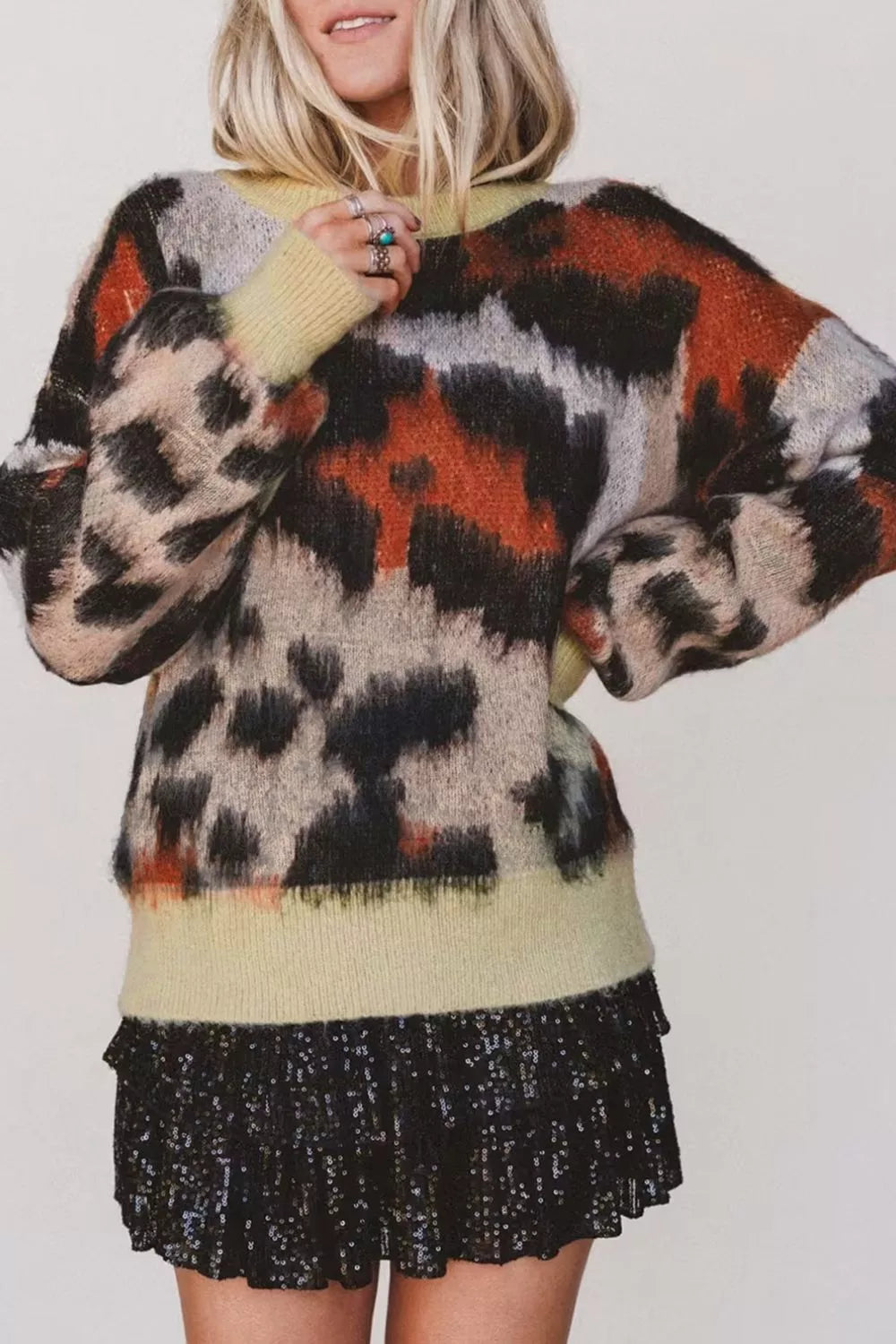 Trendsi Leopard Print Drop Shoulder Long Sleeve Round Neck Sweater -