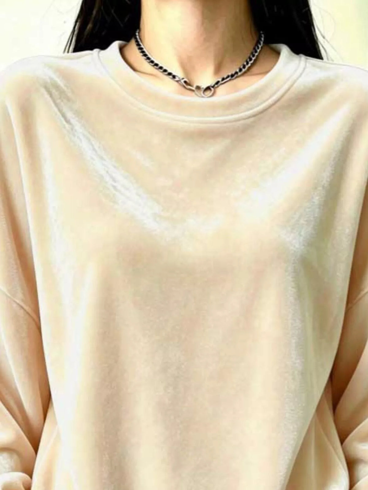 Women's Velvet Dropped Shoulder Sweatshirt in cream — neckline detail view