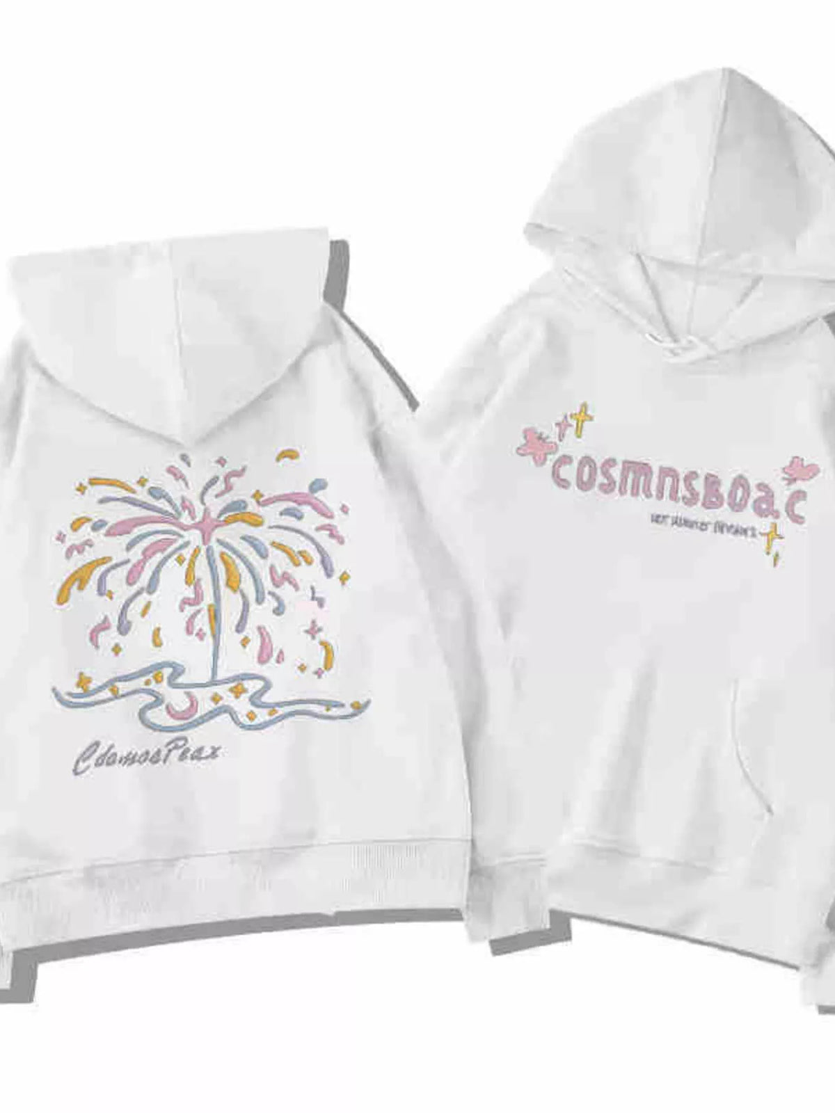 Women's Christmas Tree Fireworks Graphic Hoodie in White, front view