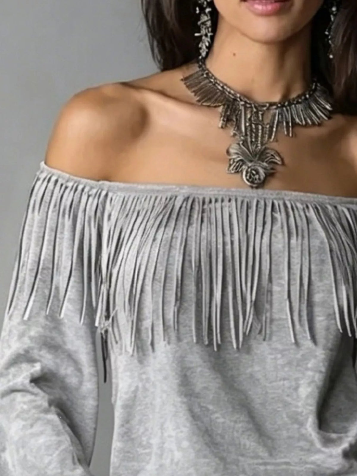 Off-shoulder faux suede fringe top in gray, neckline fringe detail