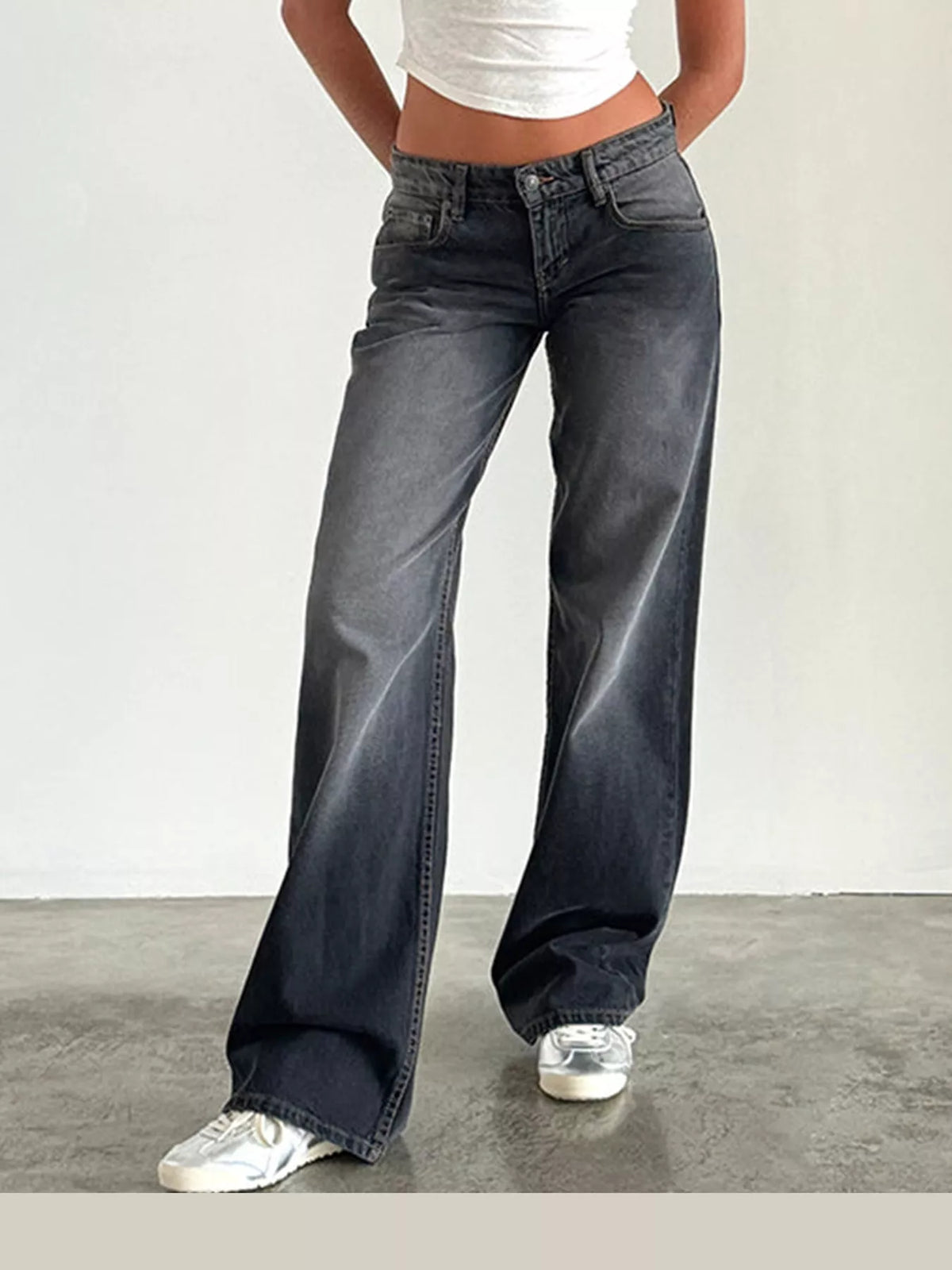 Vintage Wash Low-Rise Wide-Leg Jeans — front view