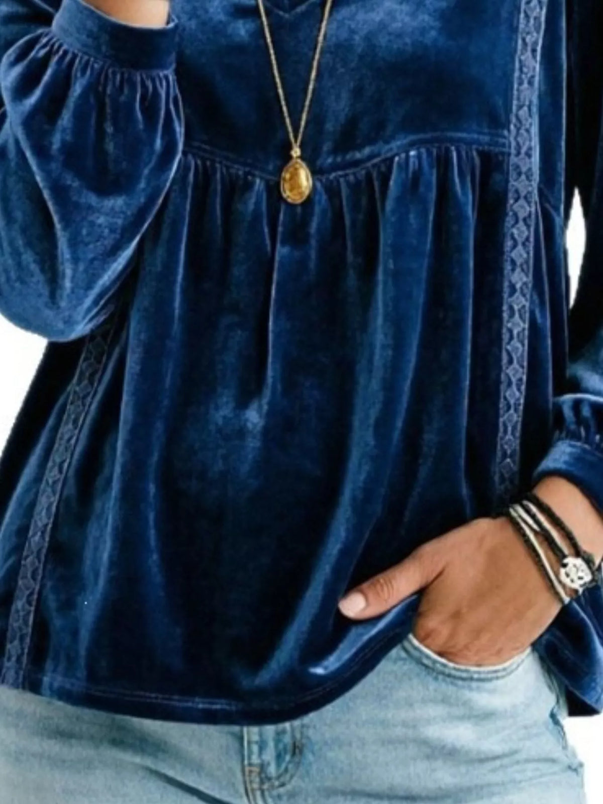 Women's V-Neck Long-Sleeve Velvet Blouse with Lace Trim — alternate view 5