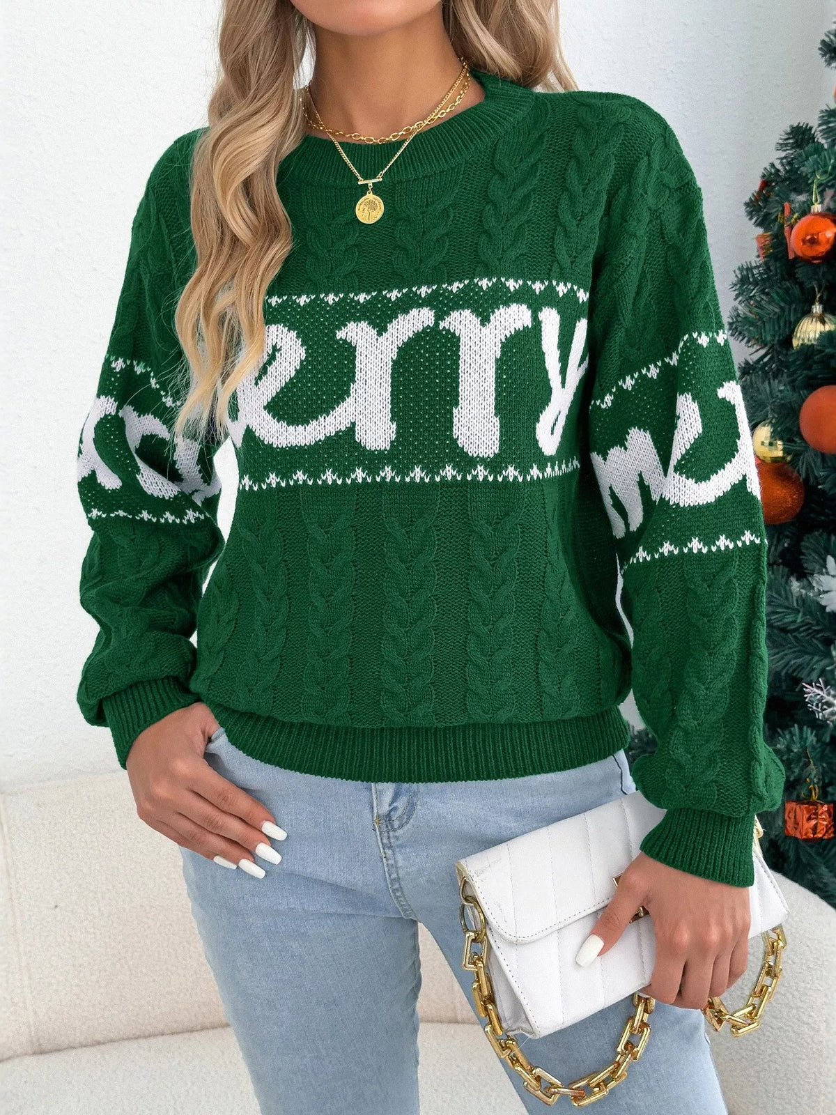 Merry Cable Knit Sweater in green, front view