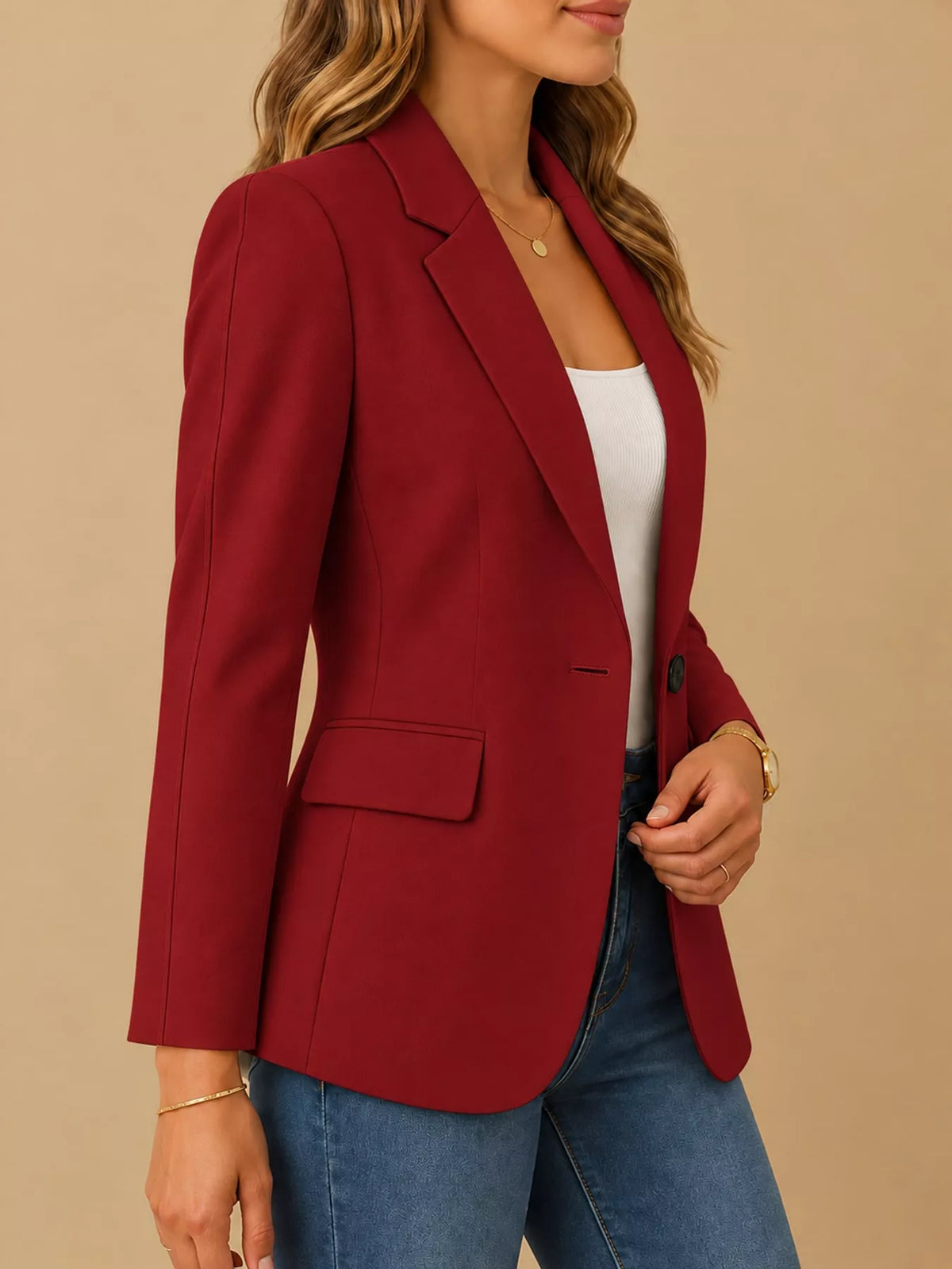 Collared long sleeve blazer, side view