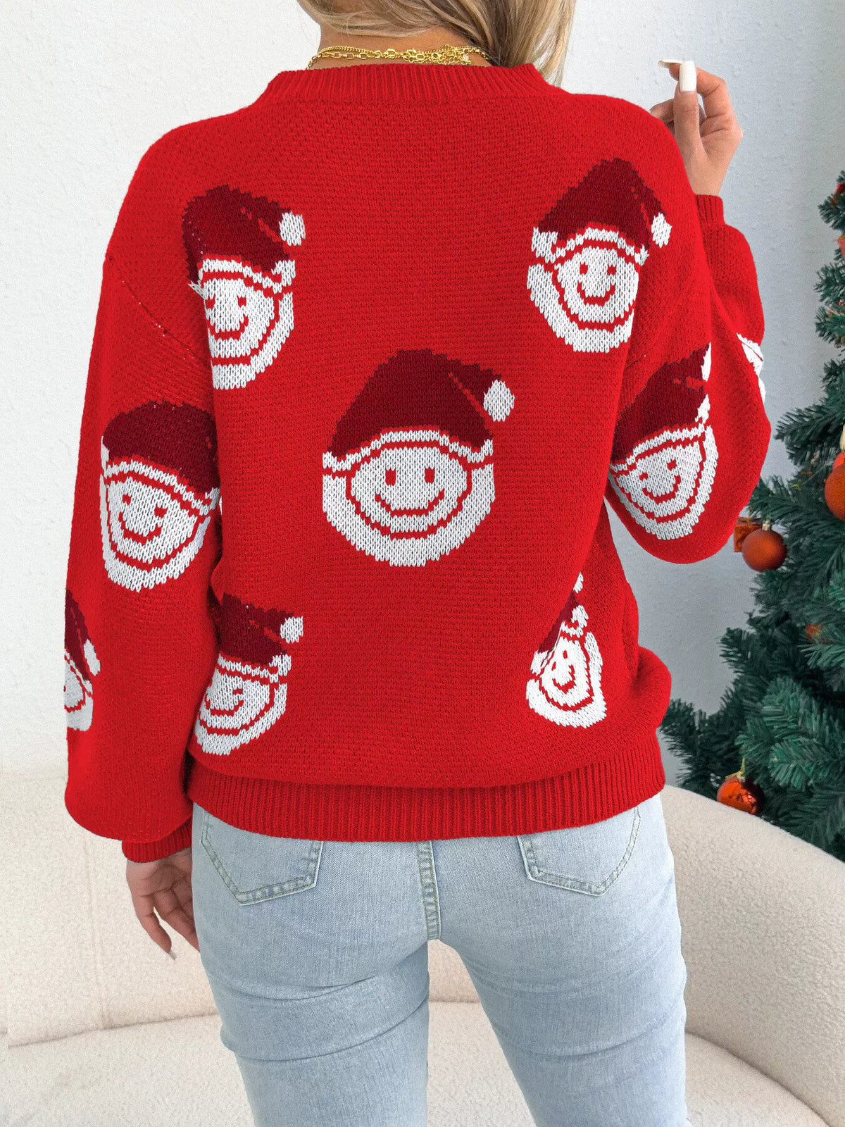 Christmas Santa Smiley Face Sweater in red, back view