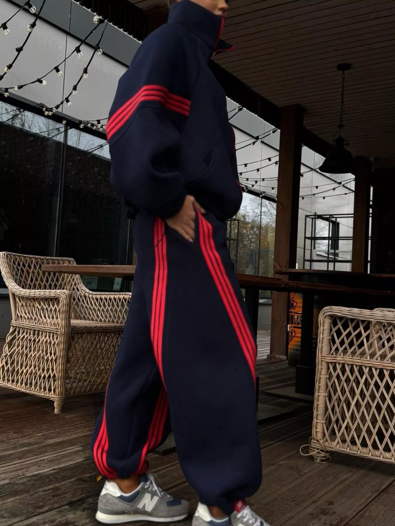 Trendsi Contrast Striped Zip Up Top and Pants Set -