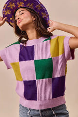 Trendsi SO ME Mardi Gras Check Plaid Casual Sweater Top -