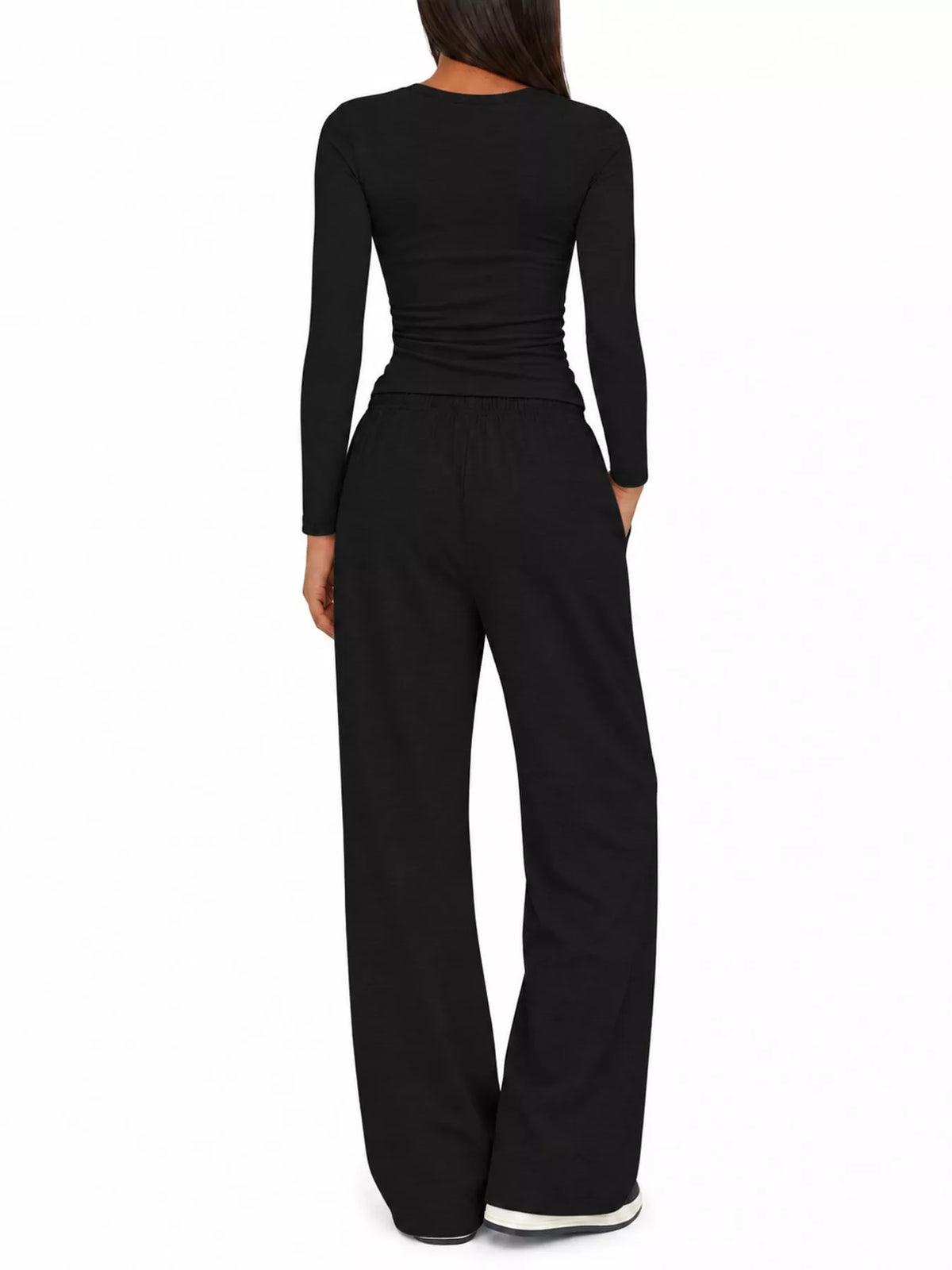 Long Sleeve Ruched Top and Wide-Leg Drawstring Pants Set — back view
