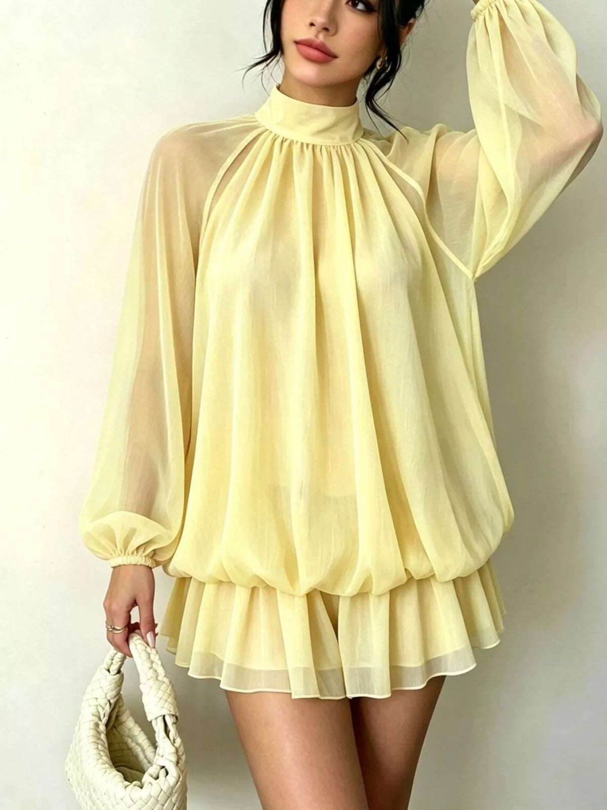 Yellow mock neck sheer chiffon mini dress