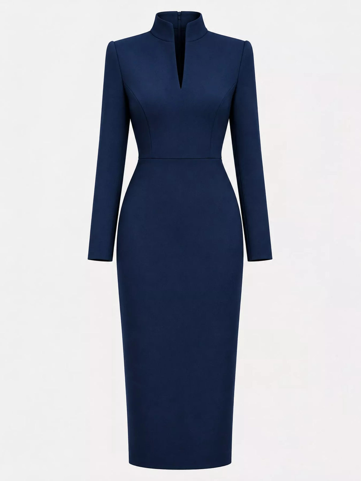 Women's Stand-Collar Long-Sleeve Midi Dress in navy — flat lay view