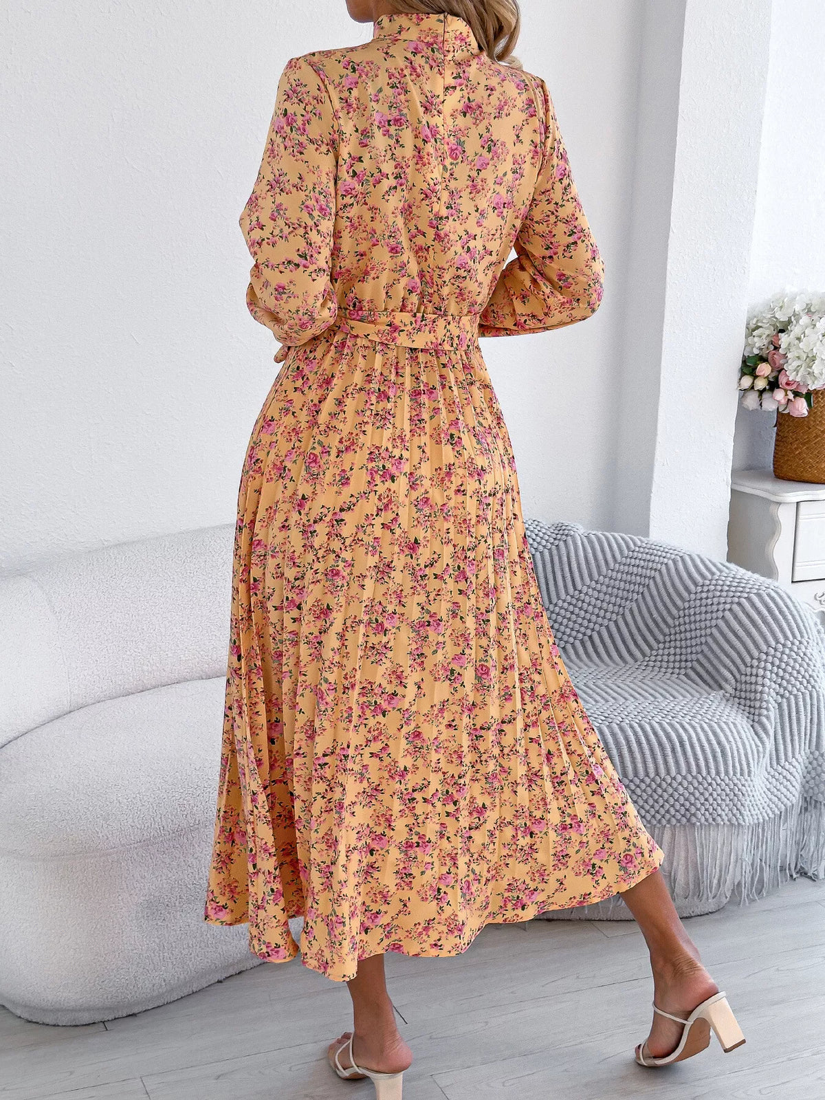 Floral print long sleeve midi dress, back view