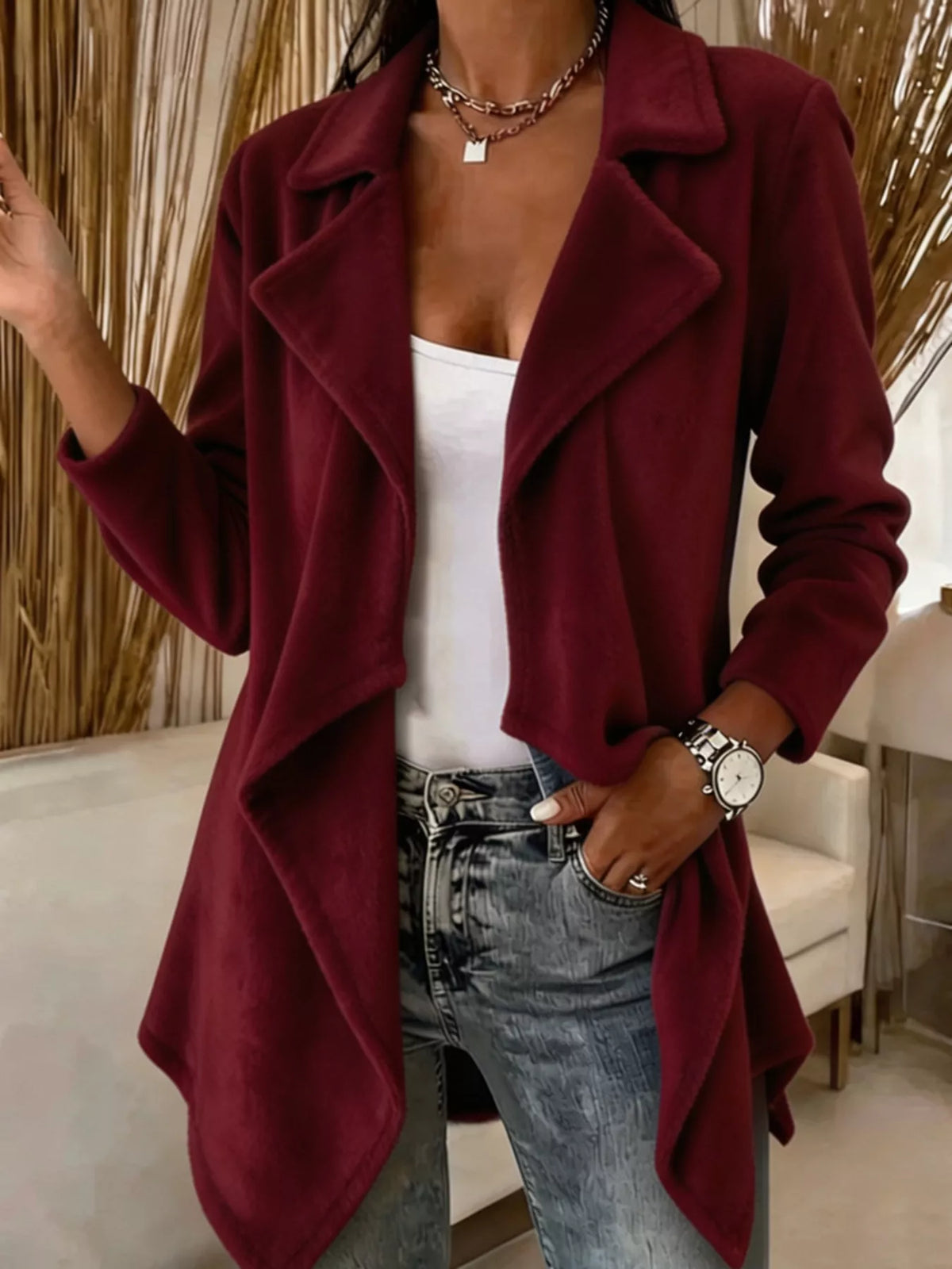 Burgundy fleece waterfall collar jacket