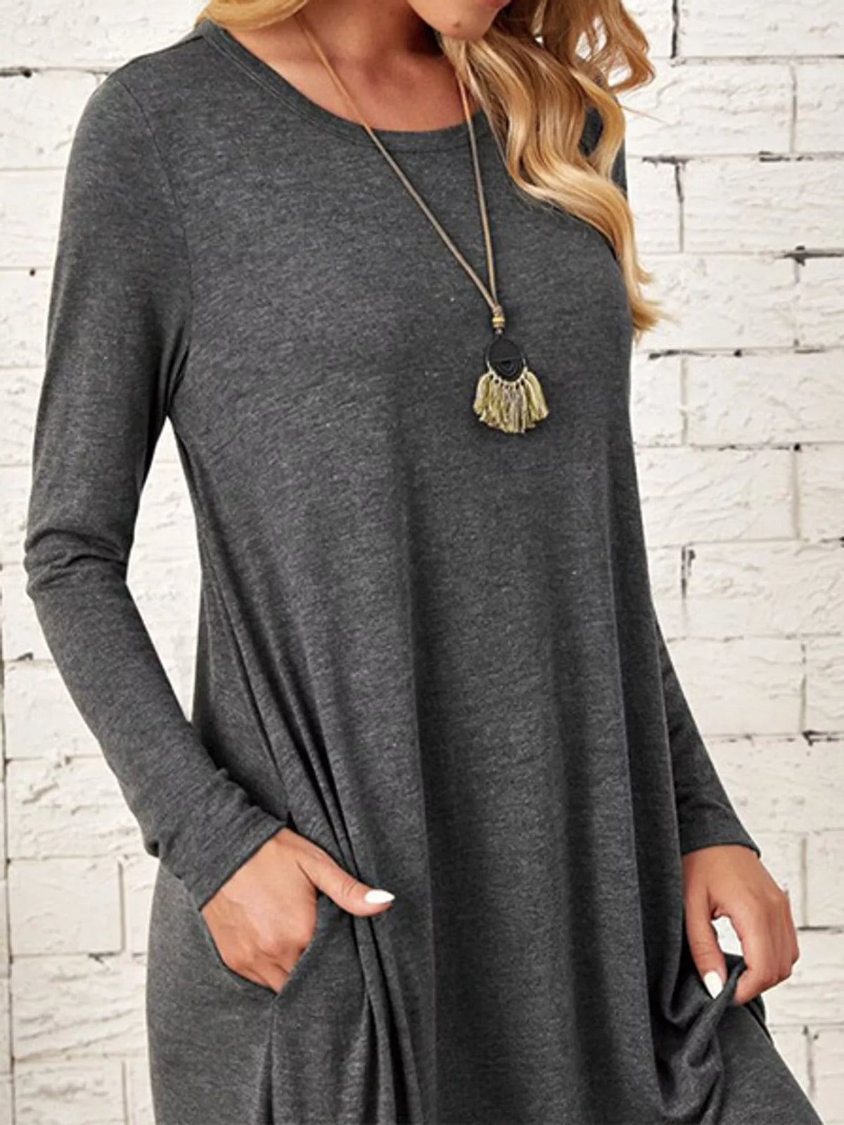 Round neck long sleeve midi dress, construction and design details