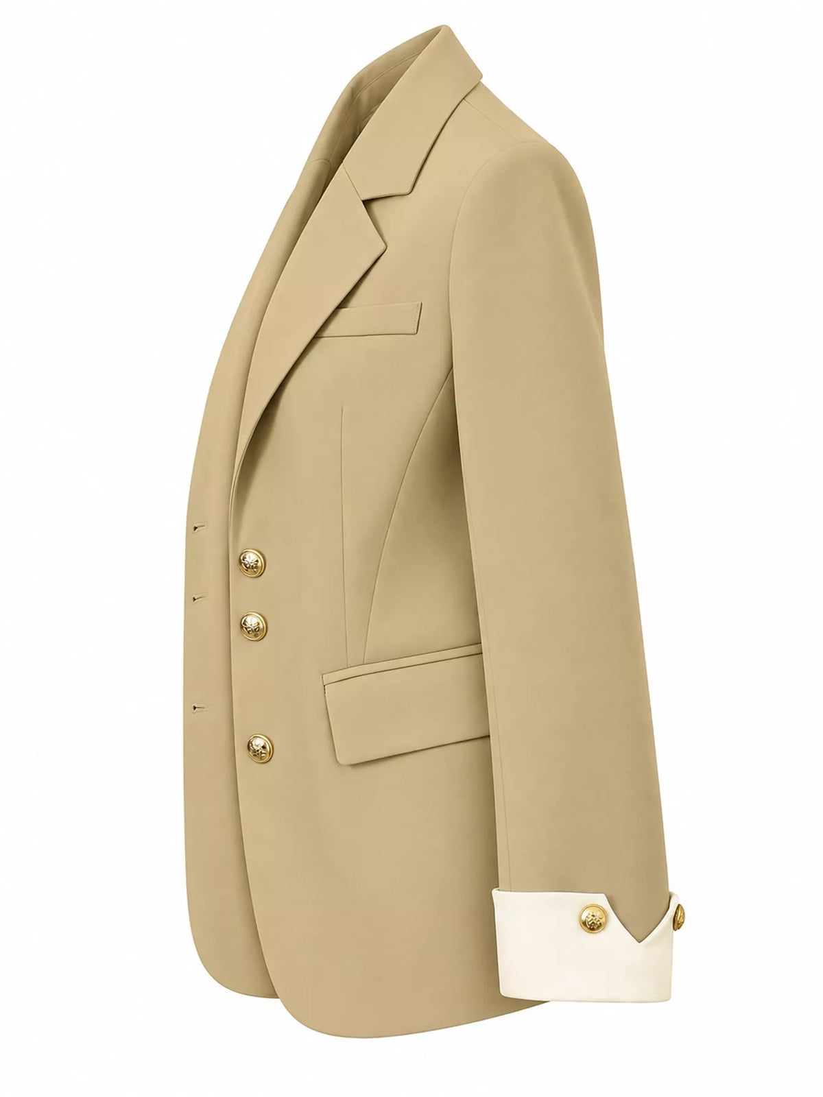 Beige single-breasted blazer with gold-tone buttons, side view