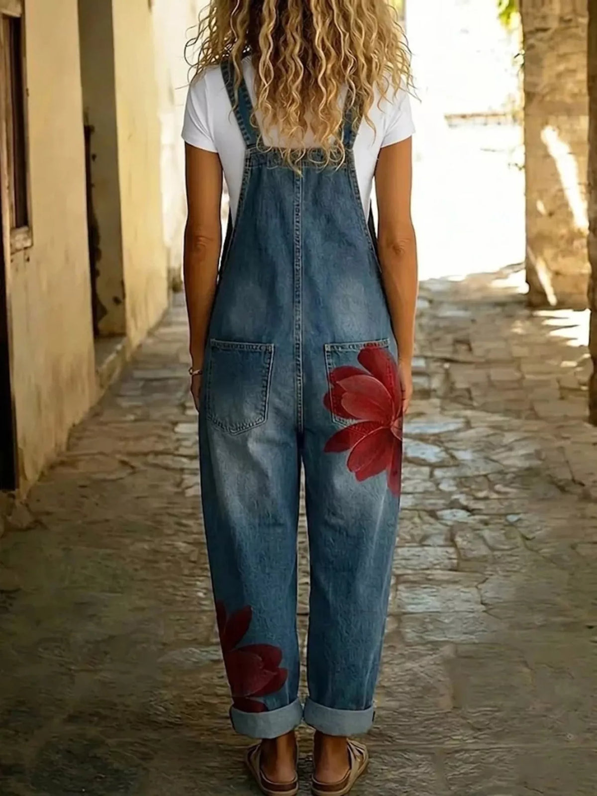 Blue and red floral floral print button front overalls — back view