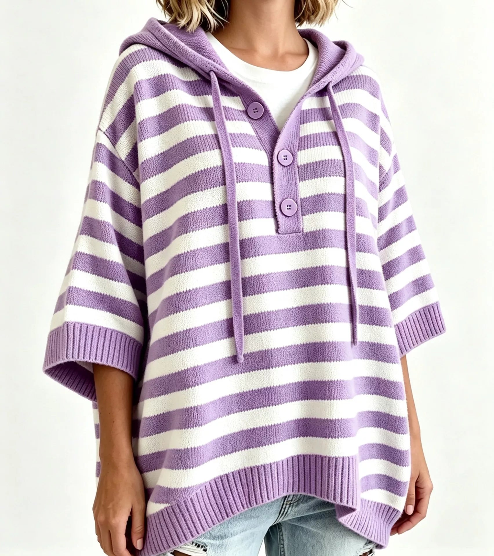 Trendsi Striped Hooded Sweater with Button Detail -