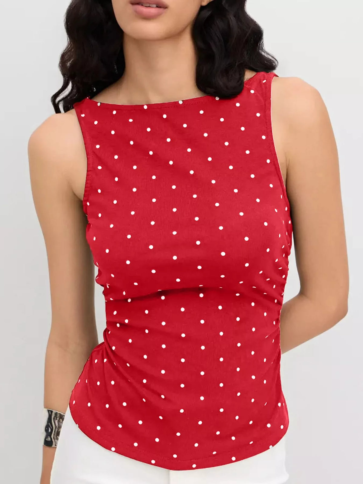 Polka Dot Print Sleeveless Tank Top with Tie Back in red