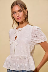 Trendsi SO ME Cotton Eyelet Front Tie Short Sleeves Blouse -