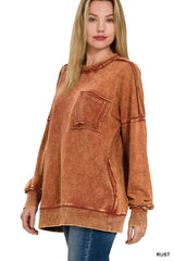 Trendsi Zenana Acid Wash Raw Edge French Terry Sweatshirt with Front Pocket -