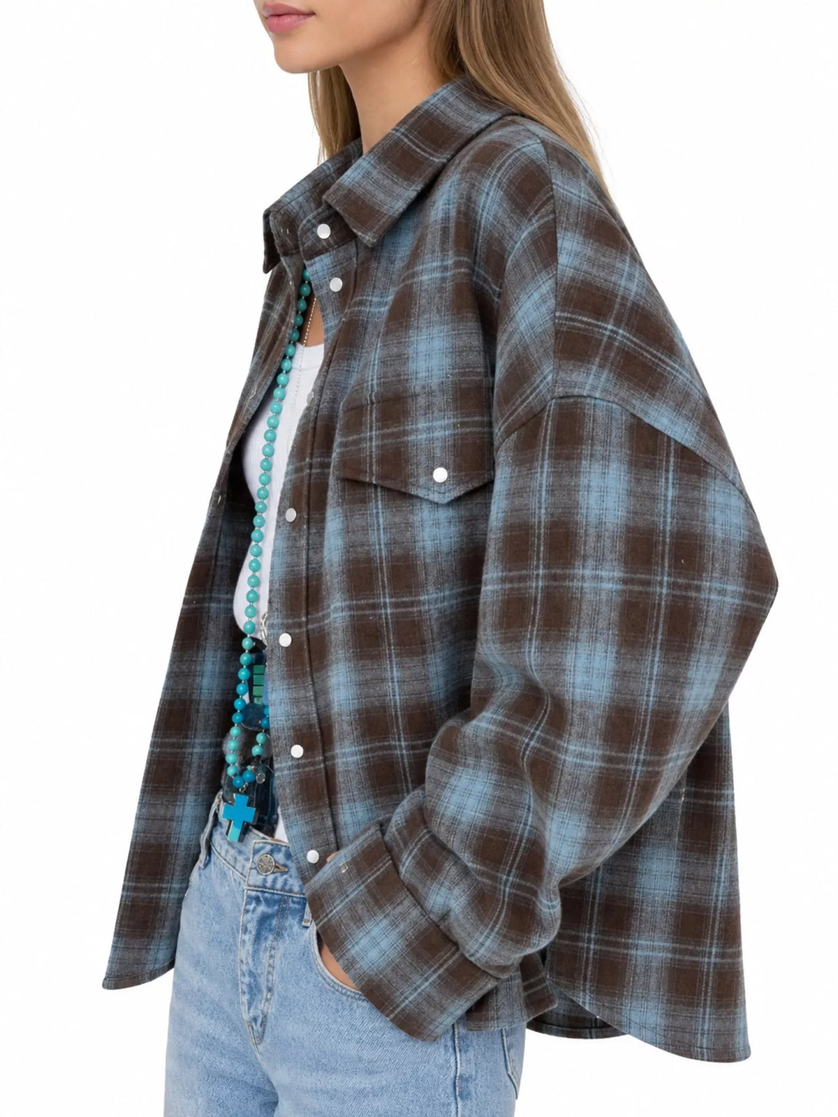 Blue and brown plaid button-up shirt with chest pockets