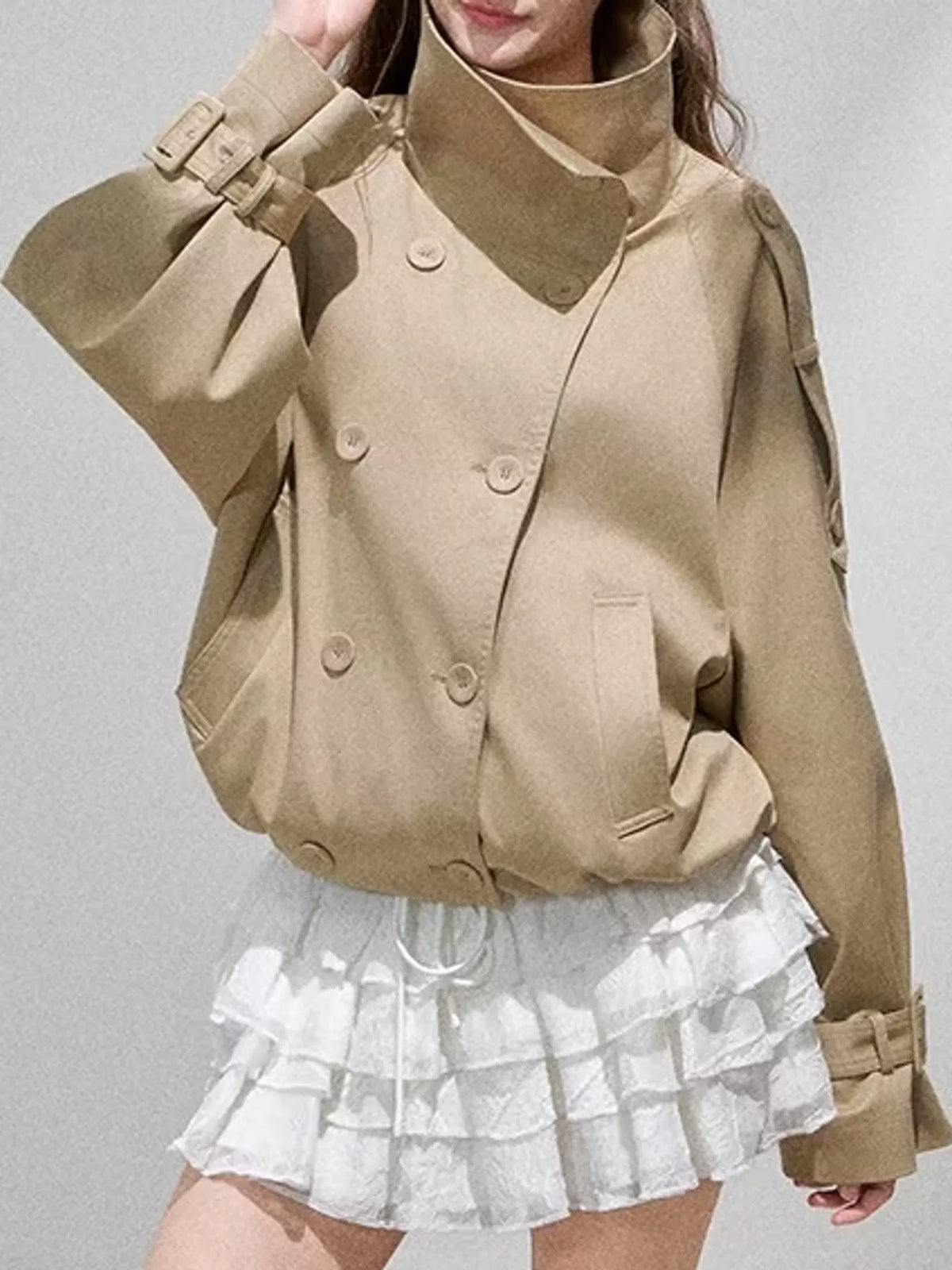 Khaki double-breasted stand collar cropped trench jacket