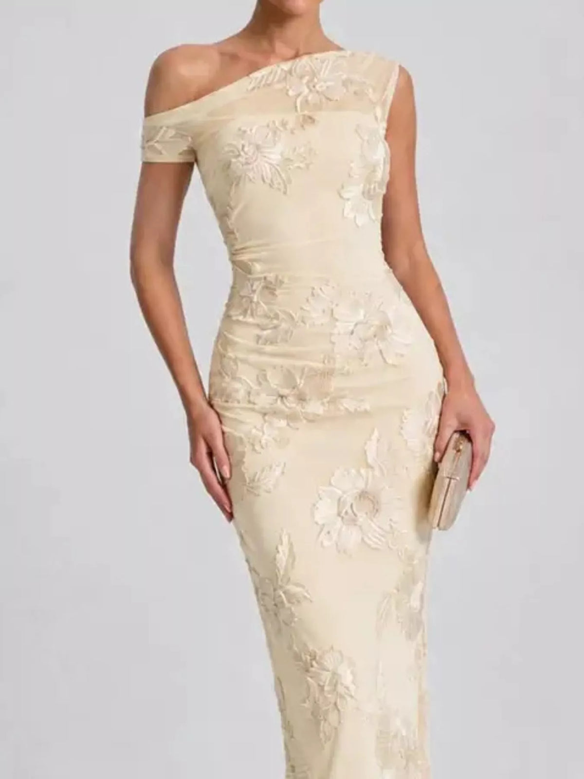 Apricot floral one-shoulder maxi dress, front view