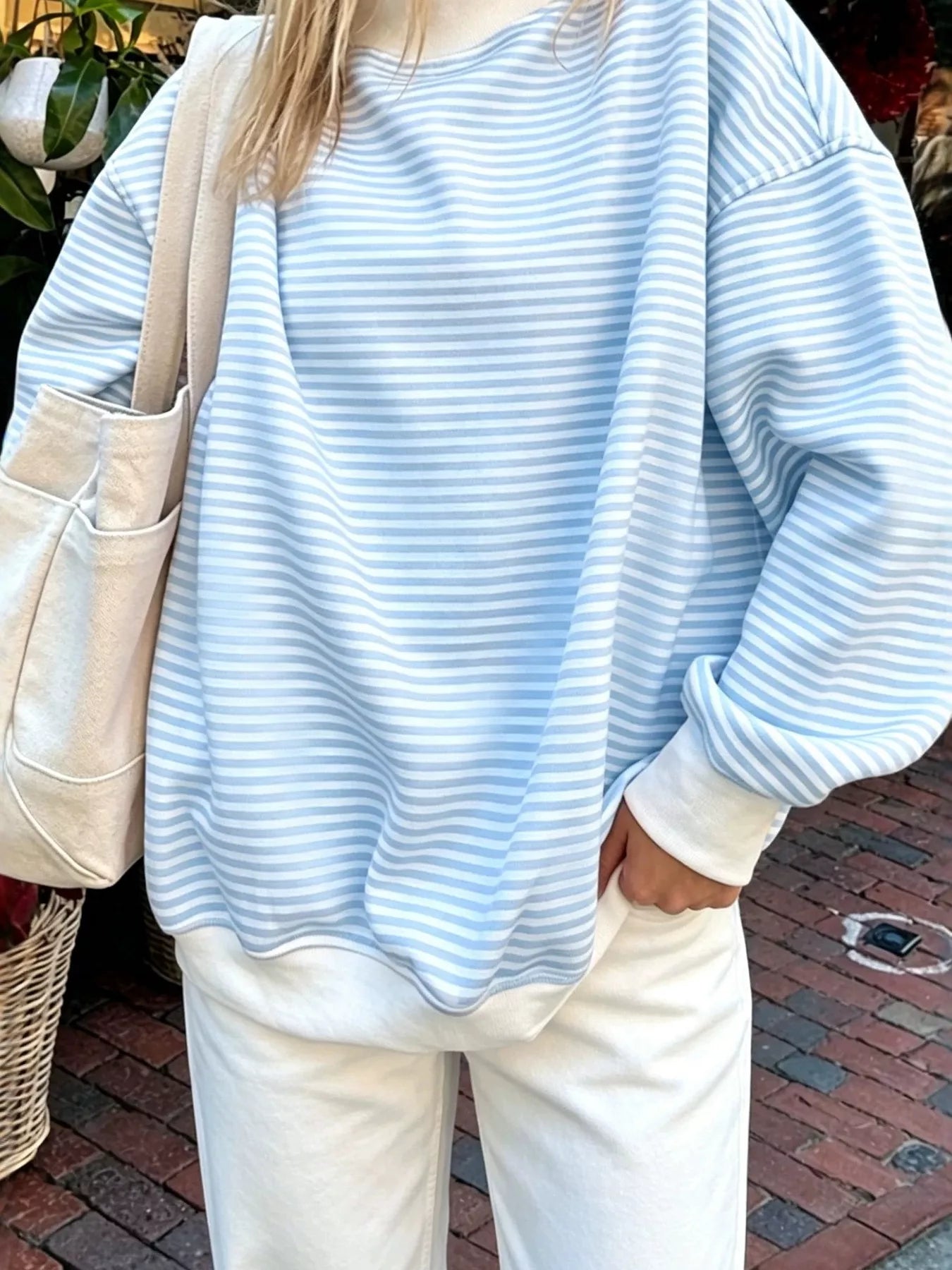 Trendsi Oversized Striped Crew Neck Sweatshirt -
