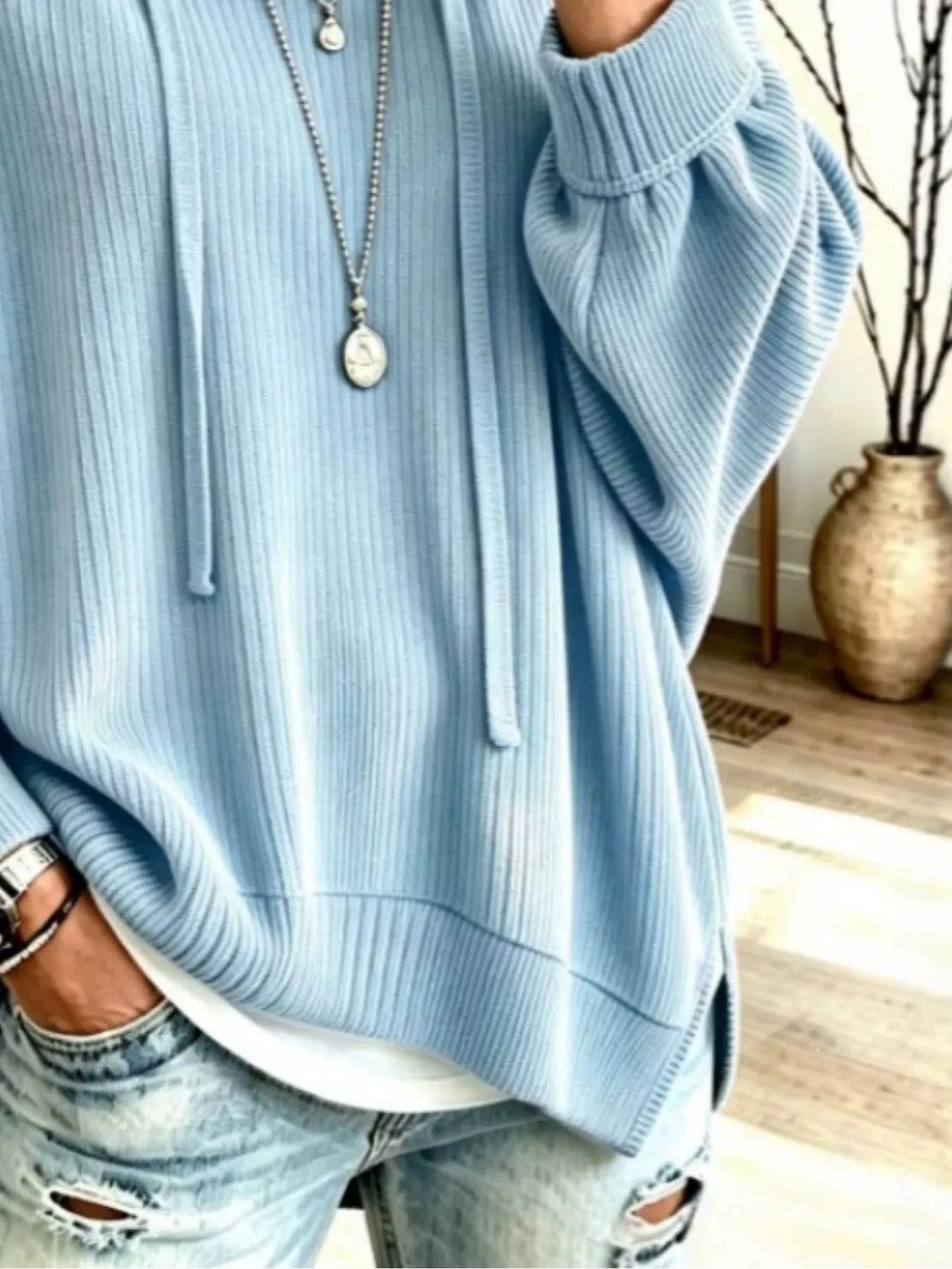 Trendsi Drawstring Ribbed Knit Hoodie -