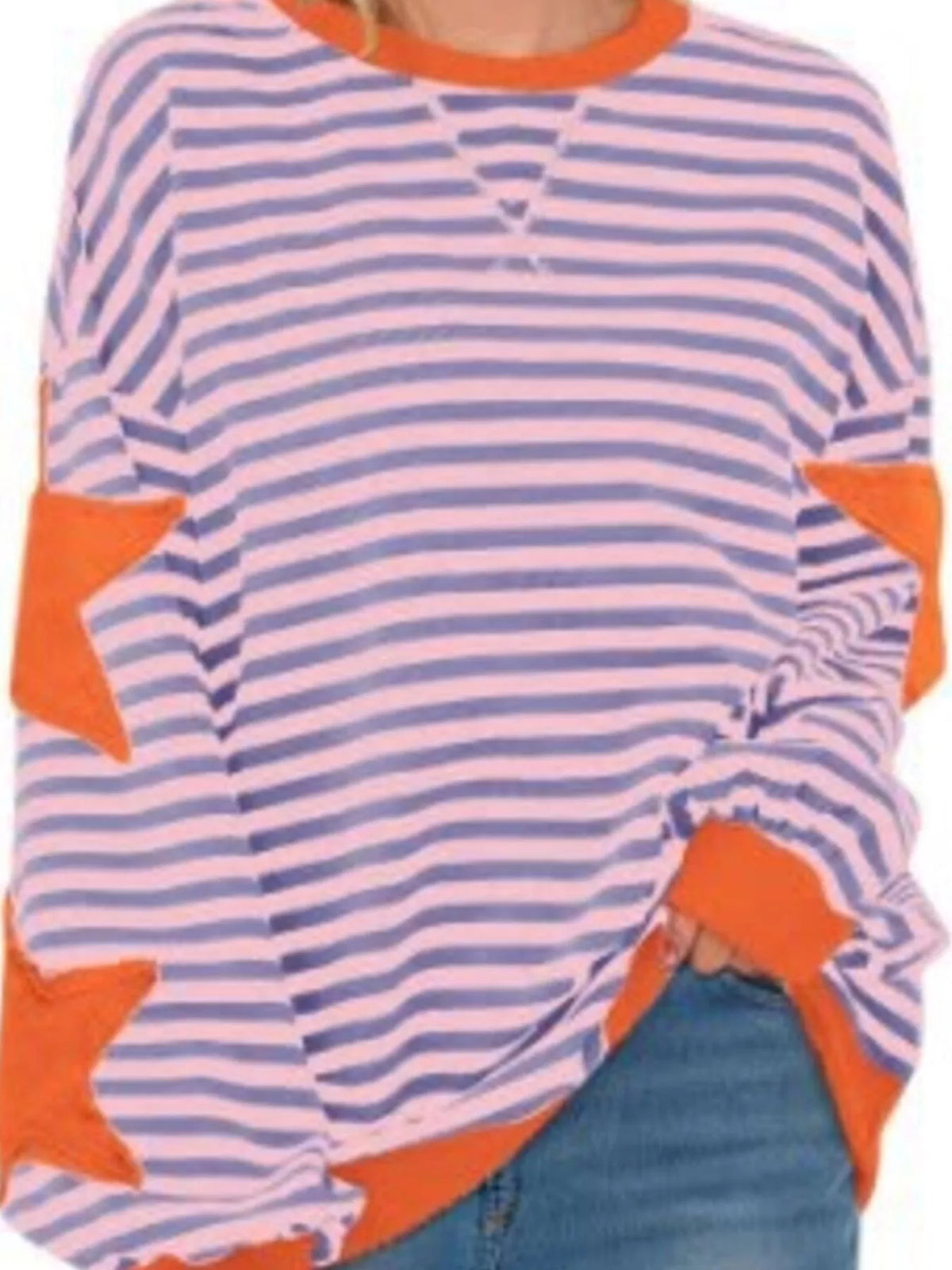 Orange Star-Patch Striped Oversized Sweatshirt front view