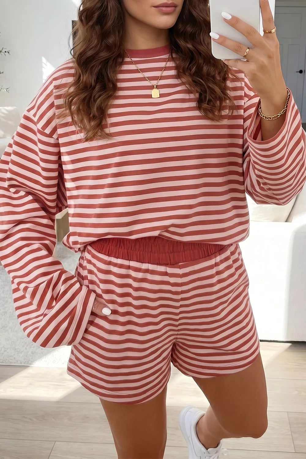 Women's dusty pink striped long sleeve top and shorts matching set