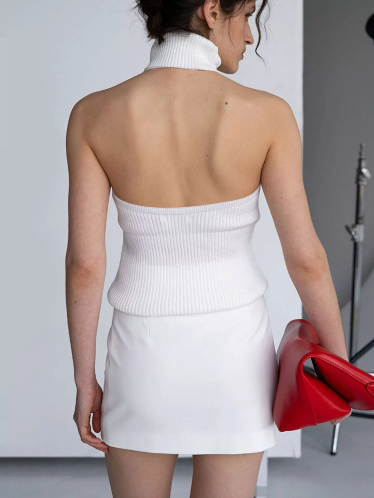 White ribbed halter-neck tank, back view
