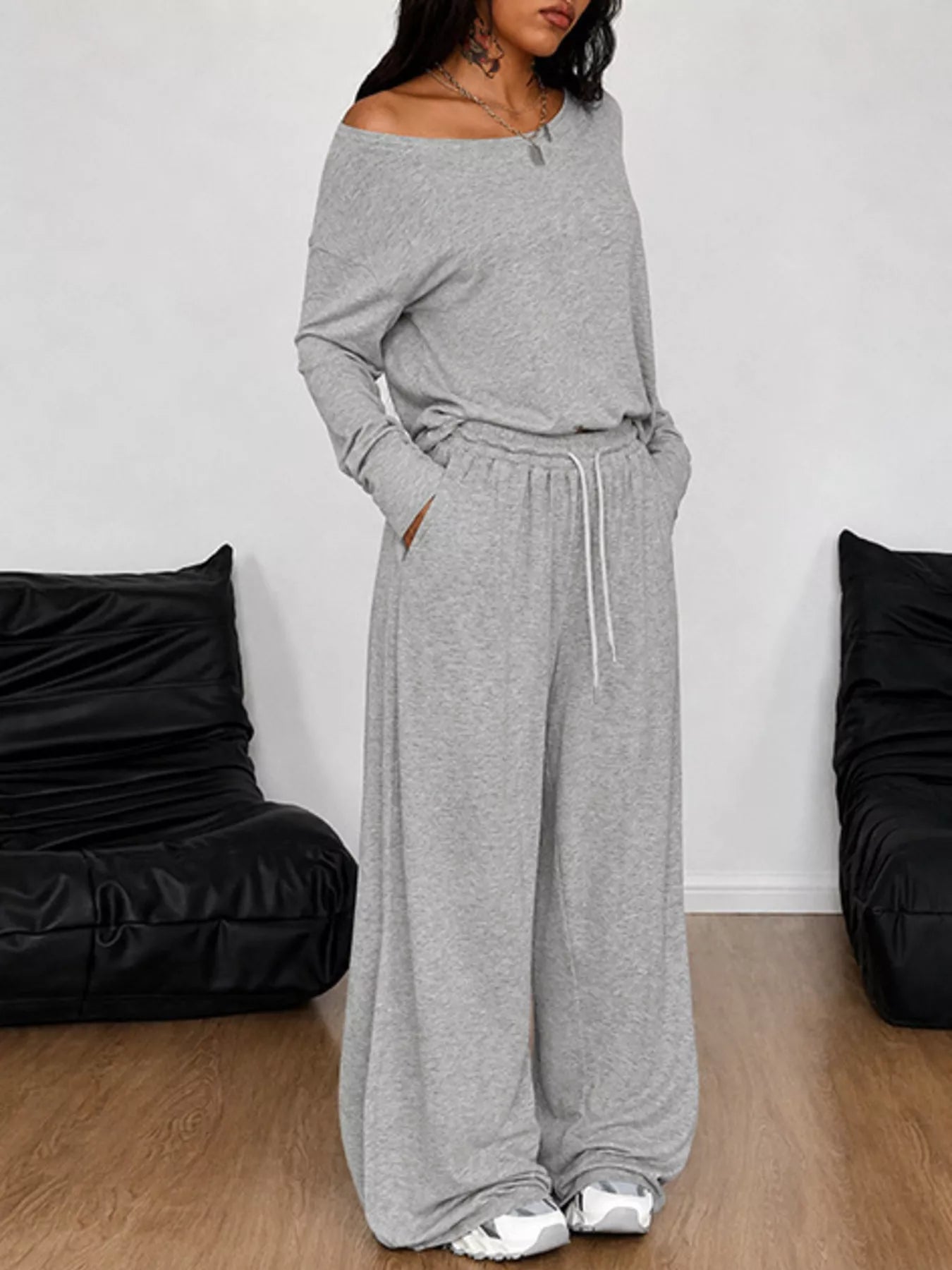 Trendsi Boat Neck Long Sleeve Top and Wide-Leg Pants Set -