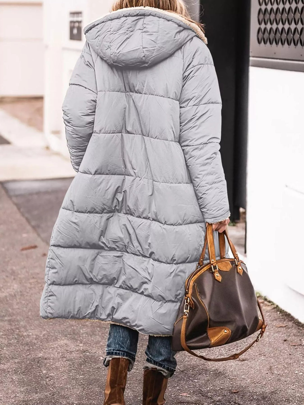 Gray longline sherpa-lined hooded puffer coat, back view