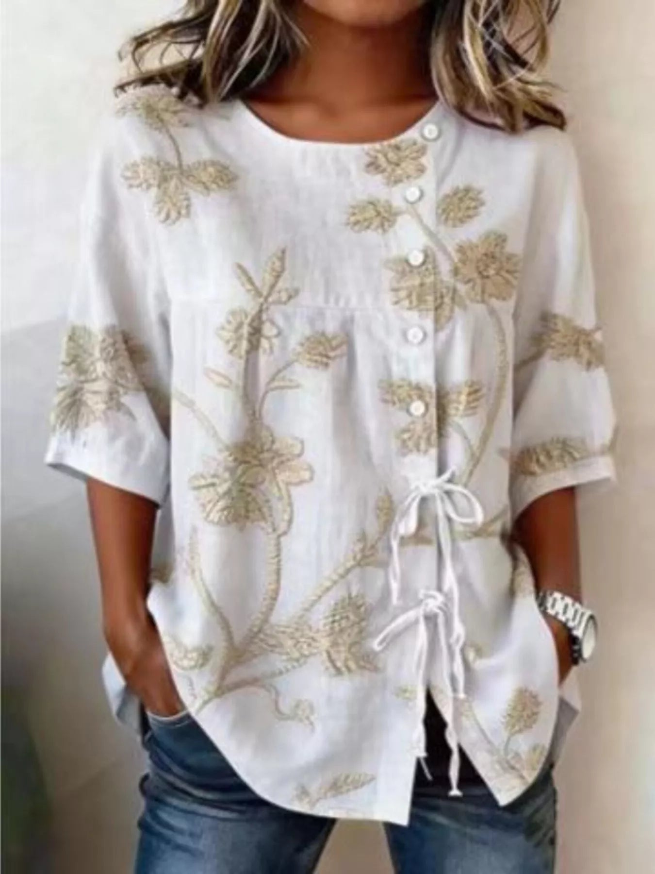 Trendsi Full Size Embroidered Floral Tie Front Shirt Plus Size -