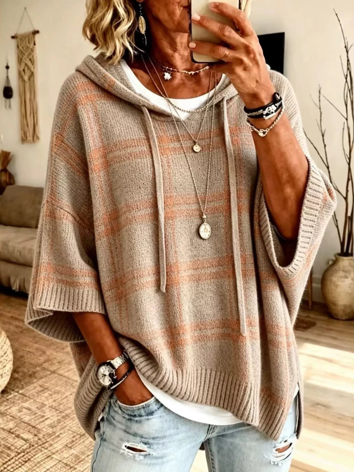 Taupe plaid hooded sweater, front view