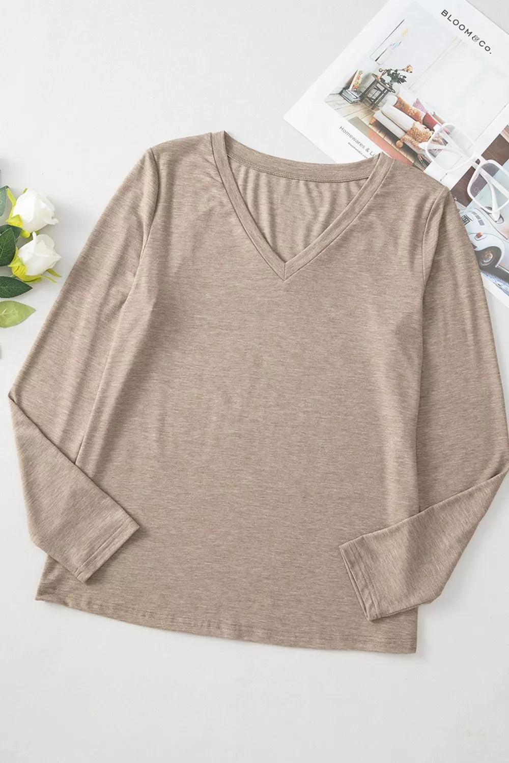 Trendsi Solid Color V Neck Long Sleeve Stretchy Top -