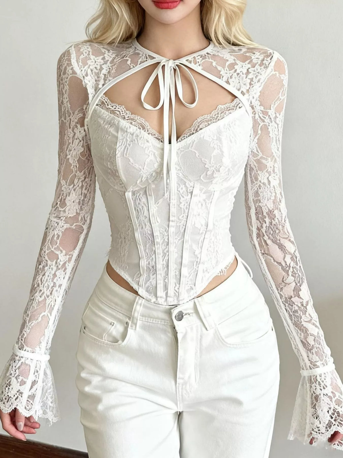 Round neck long sleeve blouse, front view on model