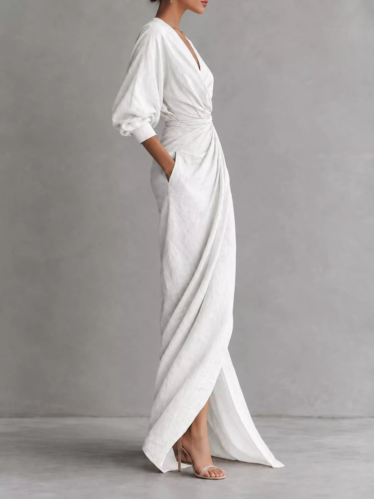 V-neck 3/4 sleeve maxi dress, side view