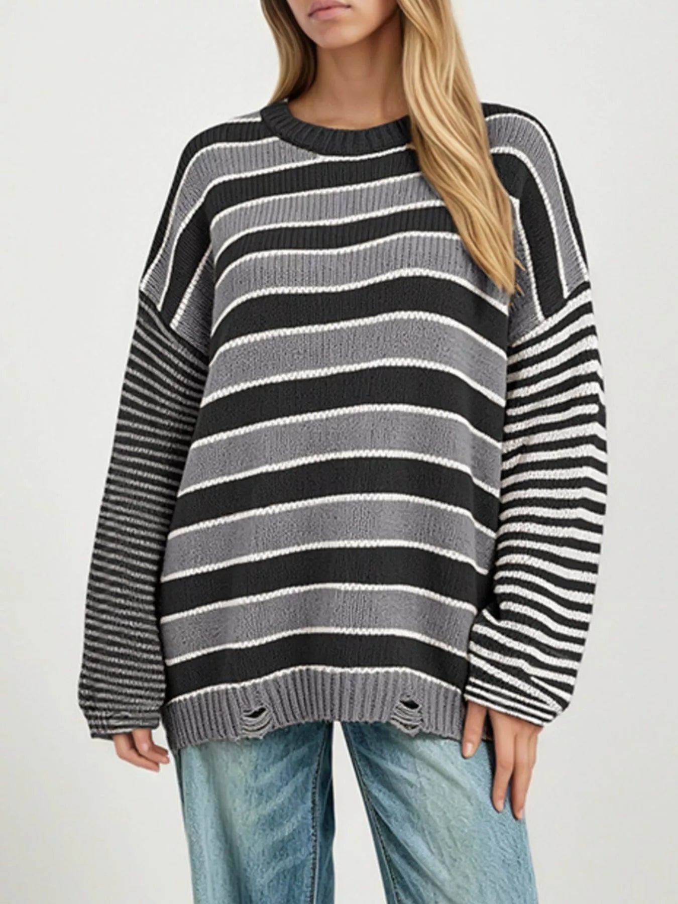 Trendsi Oversized Striped Distressed Sweater -
