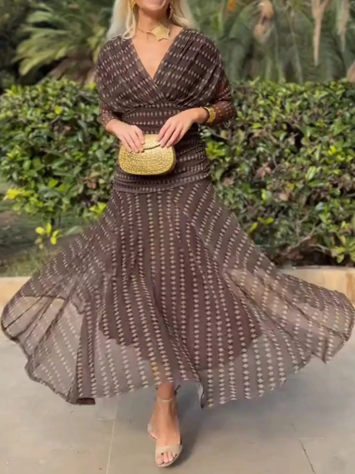 Coffee-Diamond Print ruched dress