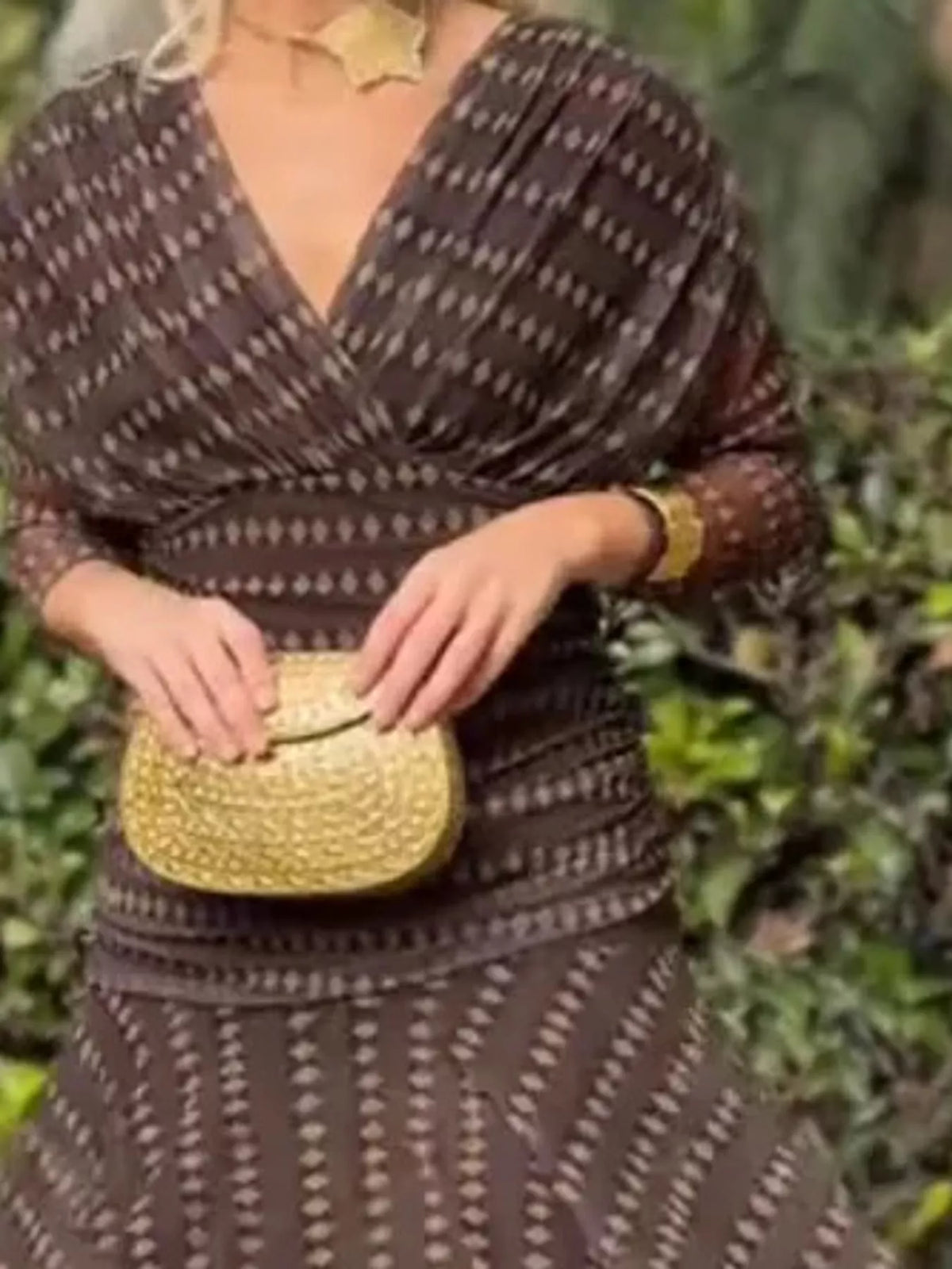 Coffee-Diamond Print ruched dress, detail view