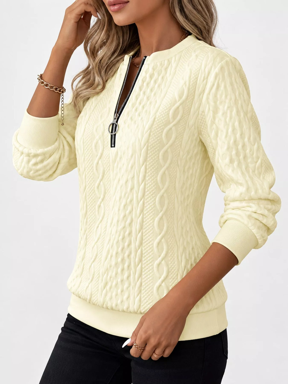 Quarter-Zip Cable Knit Sweatshirt — side view